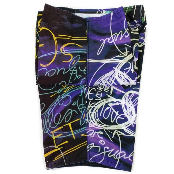 VTG Desigual Multicolor Graffiti Print Mesh Lined Long Length Swim Trunk Mens XL - Picture 4 of 16